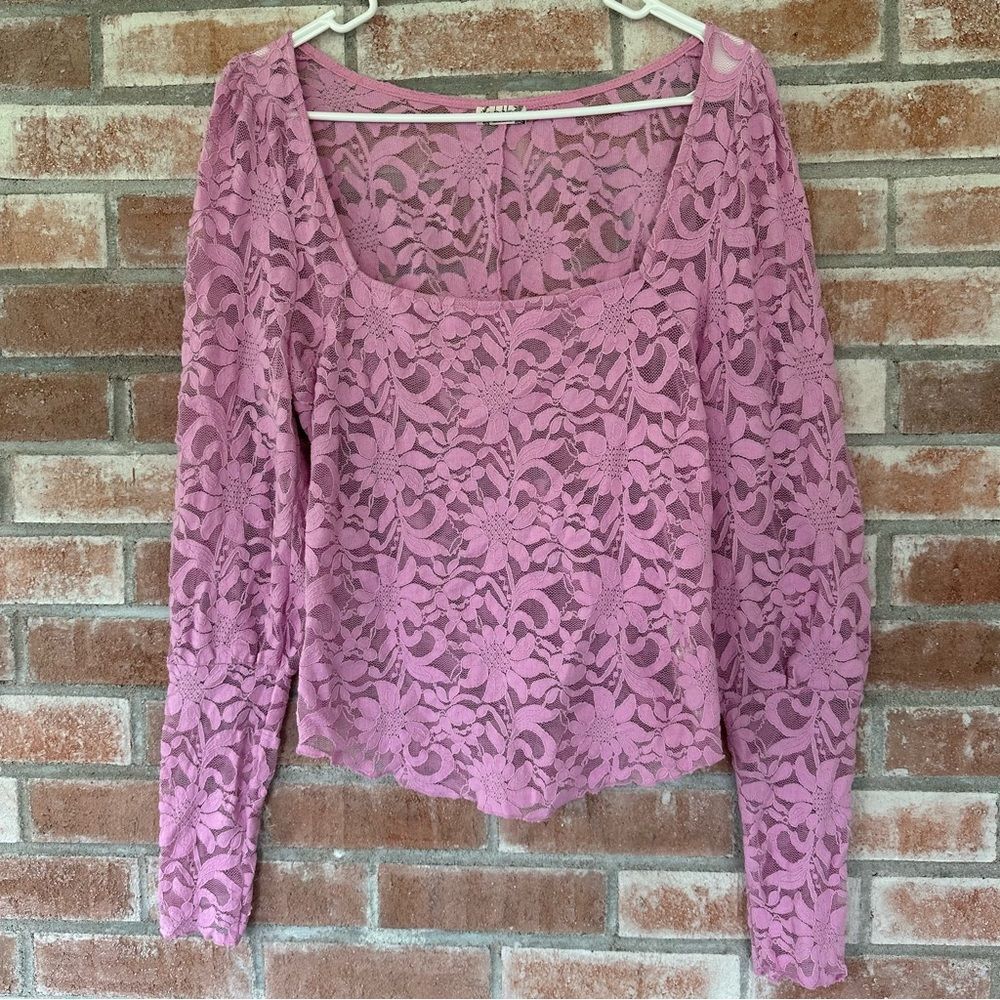 Intimately Free People Long Distance Floral Lace Shirt Women’s Large Pink Angel - Picture 2 of 10
